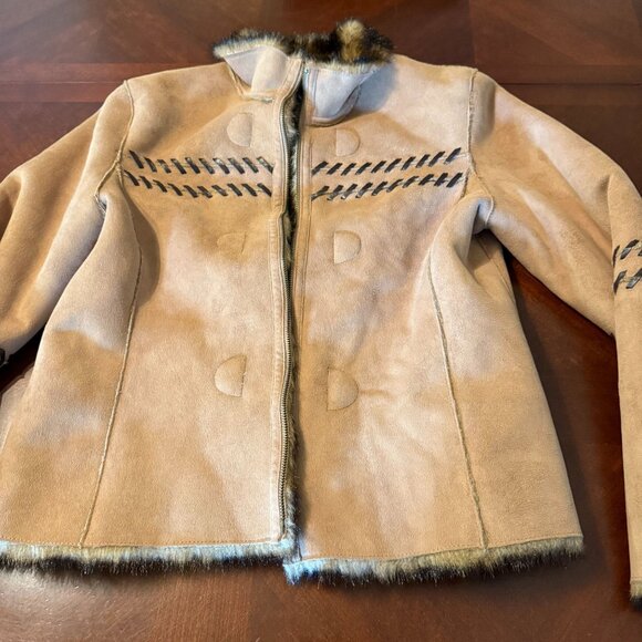 Vintage Reversible Shearling & Faux Fur Toggle Coat Women's Size S 19" ptp - Picture 12 of 14